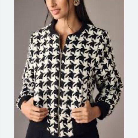 Bomber Jacket Black & White Houndstooth Zip Up Wool Blend Ruff Hewn Coat size XL - Picture 3 of 12
